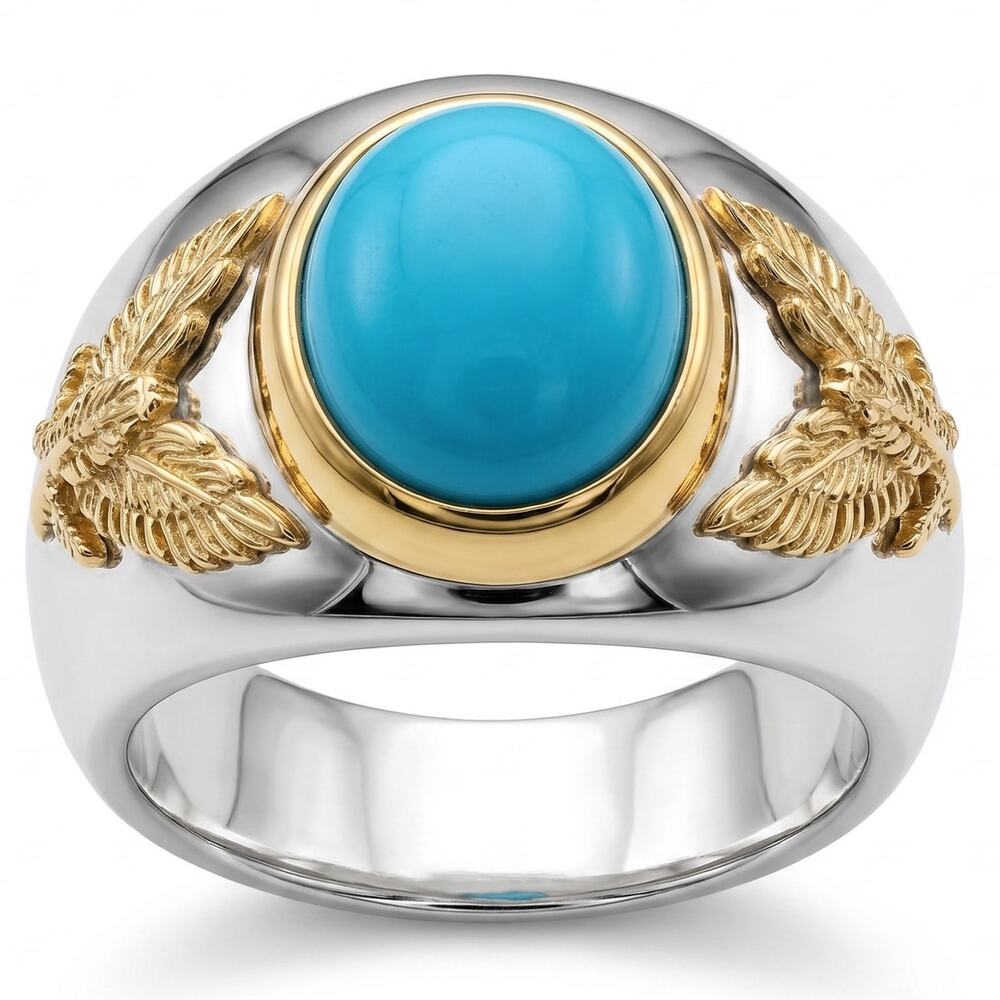 Solid 925 Sterling Silver And Solid 10k Yellow Gold Turquoise Stone Size 10 Ring